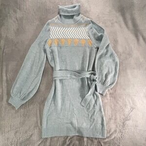 Lulus Light Blue Fair Isle Turtleneck Sweater Dress Belted Size M